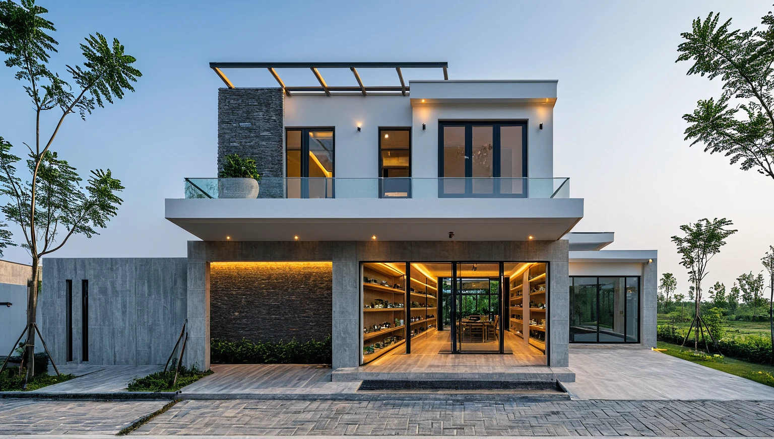 Two-storey townhouse, minimalist architecture, modern house, brightly painted walls, stone wall accents, xingfa aluminum glass doors. The canopy is made of resistant iron glass. In the afternoon light, the construction lights are turned on and you can see furniture, the first floor is for business, the second floor is residential. realistic representation. surrealist house