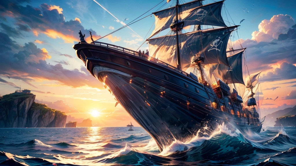 ((1 giant flying whale)), opening its huge mouth, leaping over a pirate ship, clear sunny sky, splashing water, (best quality,4k,8k,highres,masterpiece:1.2),ultra-detailed,(realistic,photorealistic,photo-realistic:1.37),detailed whale anatomy,dramatic lighting,cinematic composition,vibrant colors,smooth shading,dramatic ocean waves,shimmering sun reflection,intricate pirate ship design
