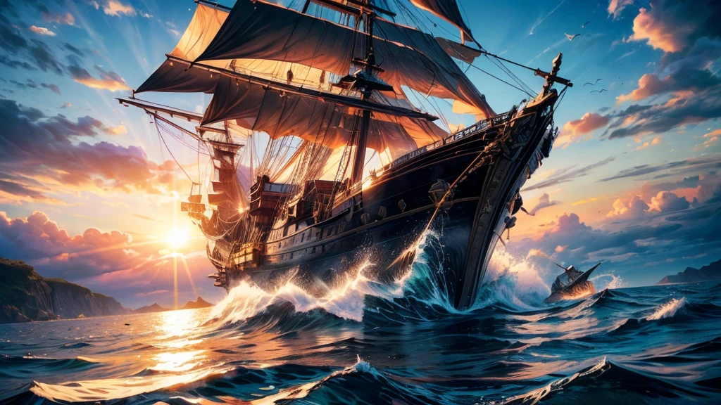 ((1 giant flying whale)), opening its huge mouth, leaping over a pirate ship, clear sunny sky, splashing water, (best quality,4k,8k,highres,masterpiece:1.2),ultra-detailed,(realistic,photorealistic,photo-realistic:1.37),detailed whale ???????,dramatic lighting,cinematic composition,vibrant colors,smooth shading,dramatic ocean waves,shimmering sun reflection,intricate pirate ship design
