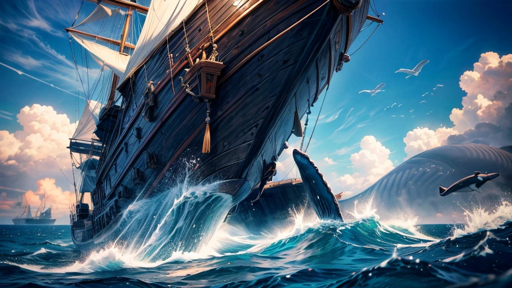 ((1 giant flying whale)), opening its huge mouth, leaping over a pirate ship, clear sunny sky, splashing water, (best quality,4k,8k,highres,masterpiece:1.2),ultra-detailed,(realistic,photorealistic,photo-realistic:1.37),detailed whale anatomy,dramatic lighting,cinematic composition,vibrant colors,smooth shading,dramatic ocean waves,shimmering sun reflection,intricate pirate ship design