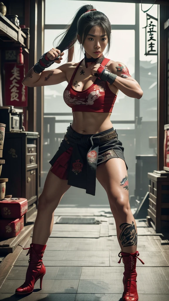 Beautiful Japanese female, (************), Mixed Martial Arts, (belly exposed, everyday clothes worn around the house:1.3), tank top, (MMA gloves), fit, (muscles:1.2), athletic feminine body, female fitness model body, Tokyo landmarks in the background, masterpiece, perfect lighting, ultra high resolution, 8K, She is an exceptional MMA fighter, hard toned feminine body, (very long ponytail, straight bangs:1.2), (sexy smile for the camera:0.7), (very sexy pose), (kung fu fighter in fighting stance, holding very large weapon in hand, wearing very large weapon, standing with very large weapon, raising very large weapon:1.3), (tattoos all over body, 80% of body covered in Japanese tattoos:1.5), red lips, red high heels, choker, necklace, earrings, (highly detailed:1.4), front view, looking at camera, pensive expression, (Tokyo city, many people in the background),