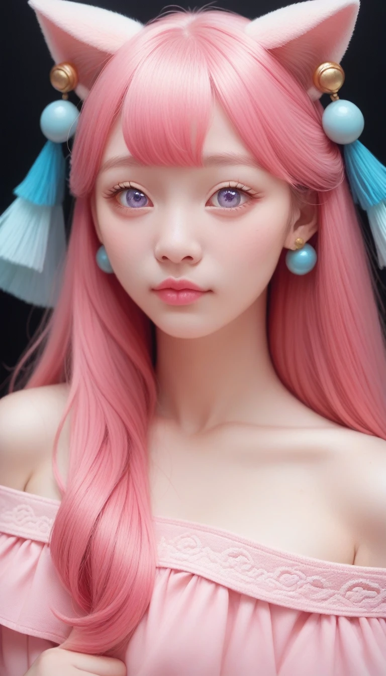 score_9_up, score_8_up, score_7_up, score_6_up,Gentle and lovely Chinese beauty, Exquisite and sexy clavicle, Charming goose egg face, Double eyelids, Bright peach blossom eyes, Pink lips, Small upturned nose, Bare shoulders, focused face, Close-up of face, Ultra HD, Super Detail, Full body image, Ultra-thin translucent, Pink hair best proportions four fingers and one thumb, Cat ears