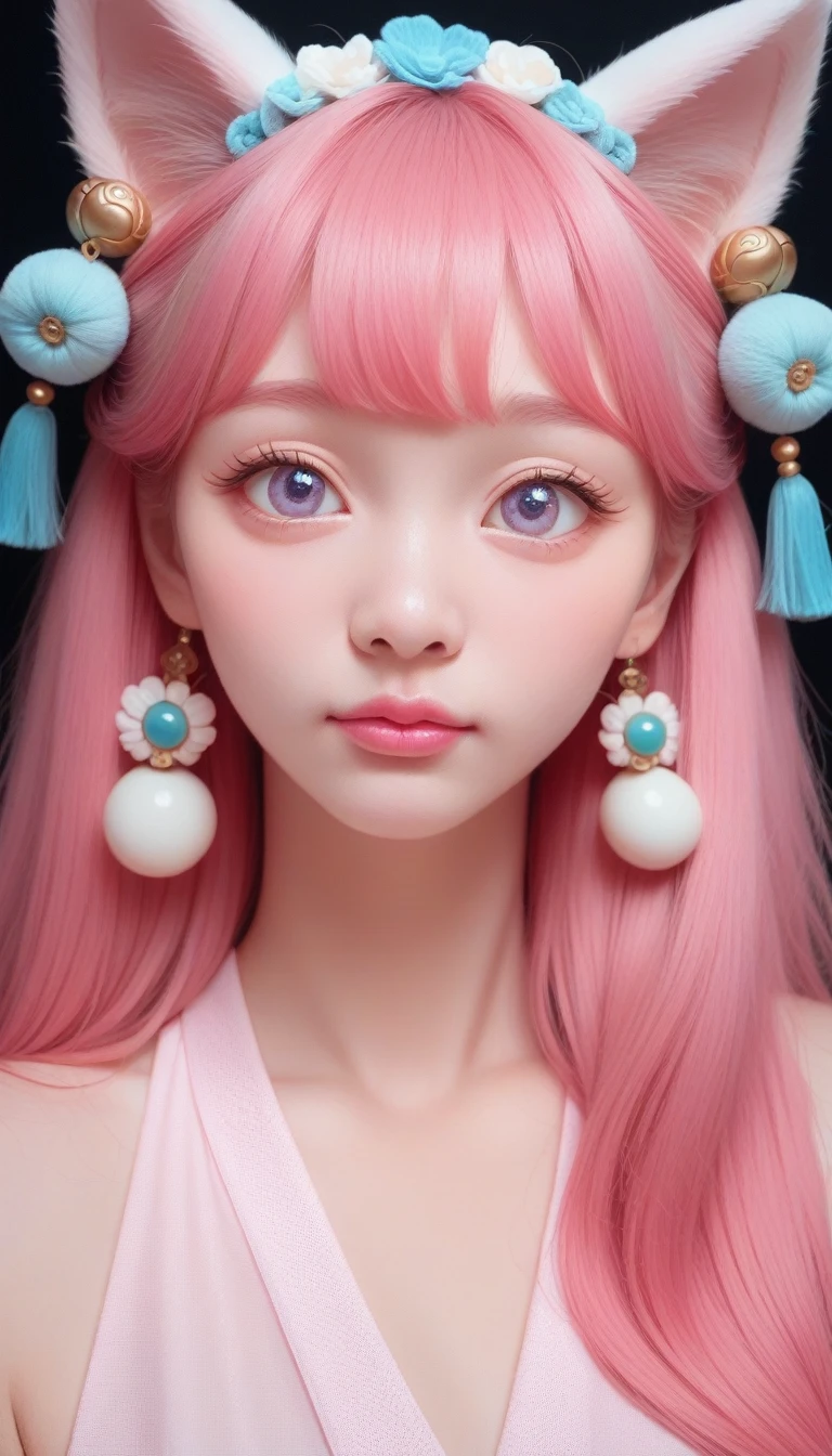 score_9_up, score_8_up, score_7_up, score_6_up,Gentle and lovely Chinese beauty, Exquisite and sexy clavicle, Charming goose egg face, Double eyelids, Bright peach blossom eyes, Pink lips, Small upturned nose, Bare shoulders, focused face, Close-up of face, Ultra HD, Super Detail, Full body image, Ultra-thin translucent, Pink hair best proportions four fingers and one thumb, Cat ears