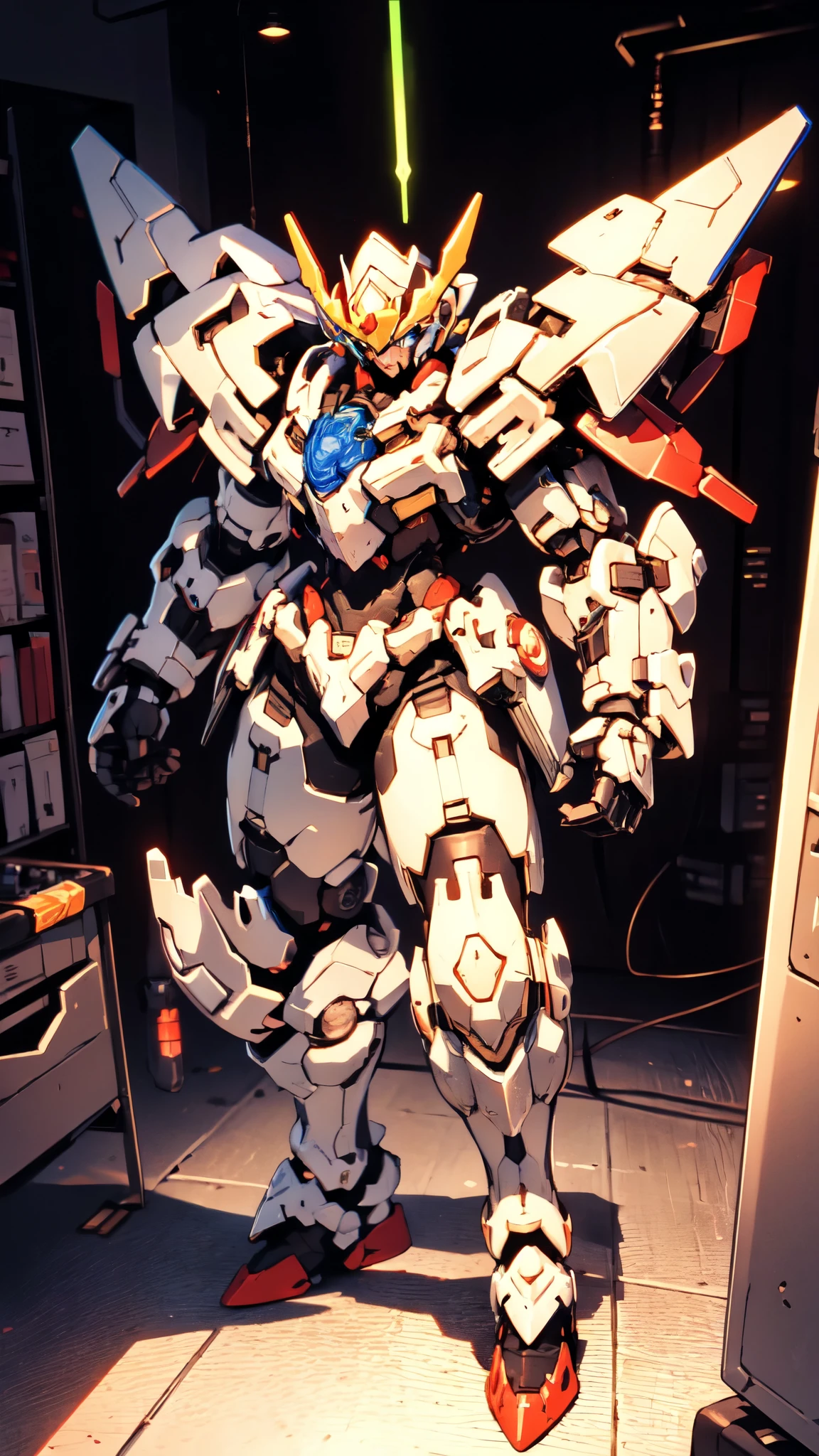 (masterpiece:1.5, best quality:1.5, extremely delicate:1.5), humanoid Mecha, fully enclosed shoulder guards, matching arm and leg guards, full body, full armor, the design balances heavy with agility, (the color scheme is primarily white with red and blue accents, the concept Inspired by Super robot, organic biotech armor, standing, floating high above the futuristic sci-fi city), exquisite and mature art style, (aura effect, energy, glowing eyes, the armor glows), metallic, dramatic, high definition, highres, ultra-detailed, ultra-fine painting, professional, perfect body proportions, anatomically correct, symmetrical face, extremely detailed eyes and face, high quality eyes, creativity, RAW photo, UHD, 32k, Natural light, cinematic lighting, masterpiece-anatomy-perfect