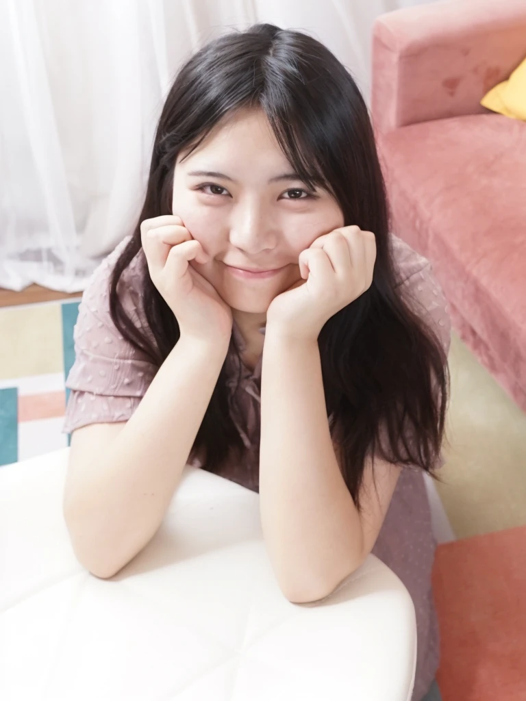 there is a young woman sitting at a table with her hands on her chin, young asian girl, a young asian woman, relaxing and smiling at camera, young asian woman, portrait of a japanese teen, young cute wan asian face, slight smile expression, smiling young woman, face photo, smiling girl, a cute young woman, she is smiling and happy