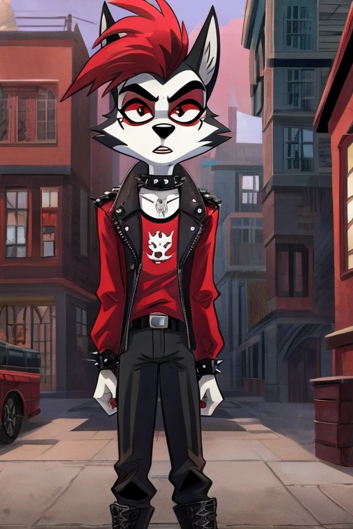 Art helluva boss,furry masculino cartoon,husky,black and white fur color,beauty,black and red hair color,Eyes red,normal facial expression,Dog Collar,punk jacket,red shirt,black military pants,military boots, suburban cartoon scenery.