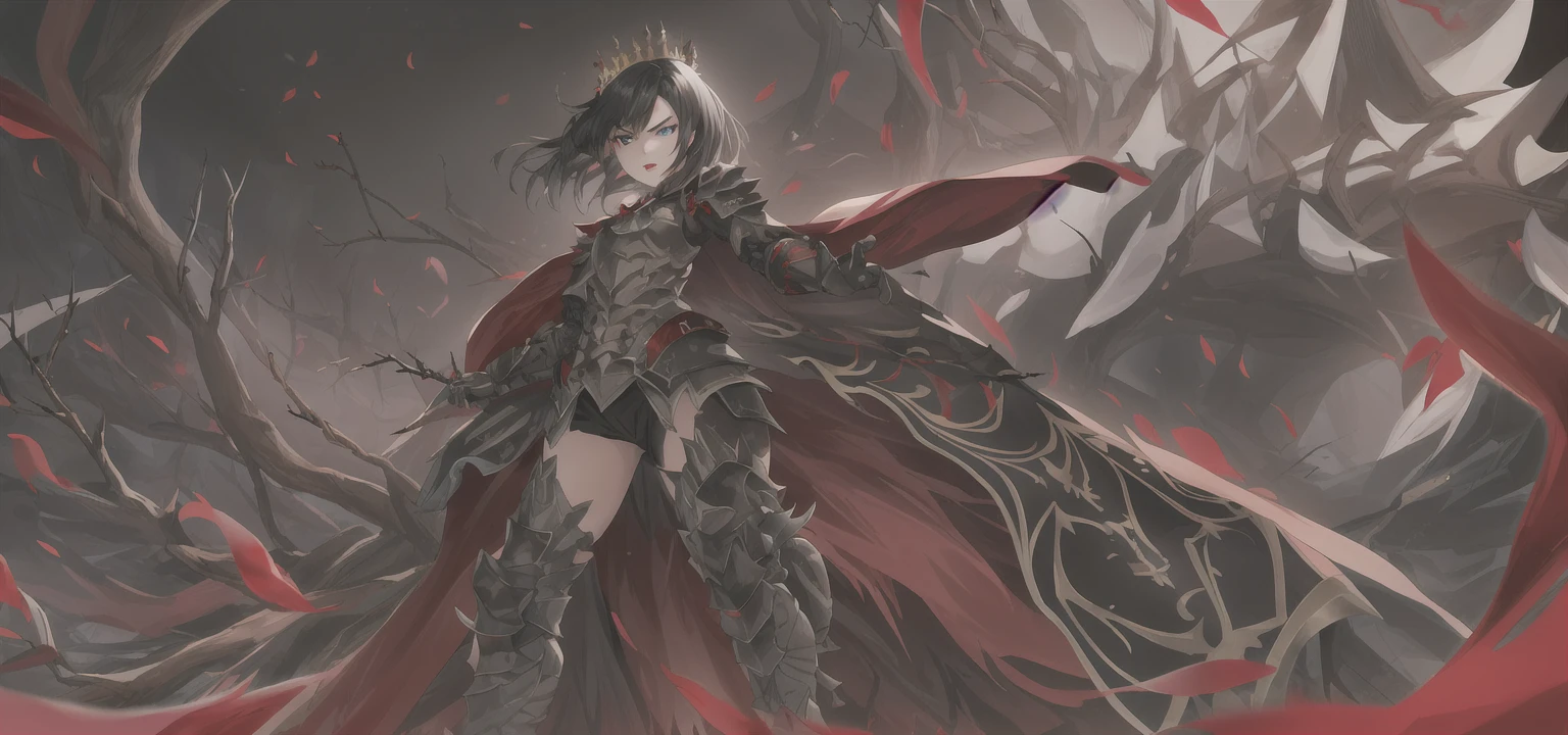 Masterpiece, high quality, super detailed, wallpaper, woman, full body, black armor with black and red details, viewed from below, looking at the viewer, fit body, heels with black thorns, black and red short thorn crown, very short black hair, blue eyes, red lips, black eye makeup, black cape with black embroidery, angry look, stunning, in various poses, open hands, armored, detailed face, black background, small , no nude