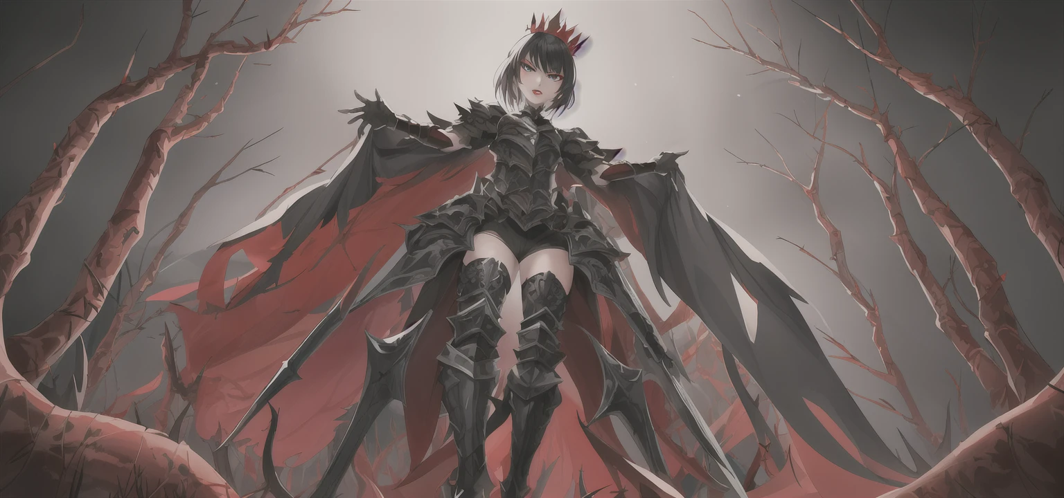 Masterpiece, high quality, super detailed, wallpaper, woman, full body, black armor with black and red details, viewed from below, looking at the viewer, fit body, heels with black thorns, black and red short thorn crown, very short black hair, blue eyes, red lips, black eye makeup, black cape with black embroidery, angry look, stunning, in various poses, open hands, armored, detailed face, black background, small , no nude