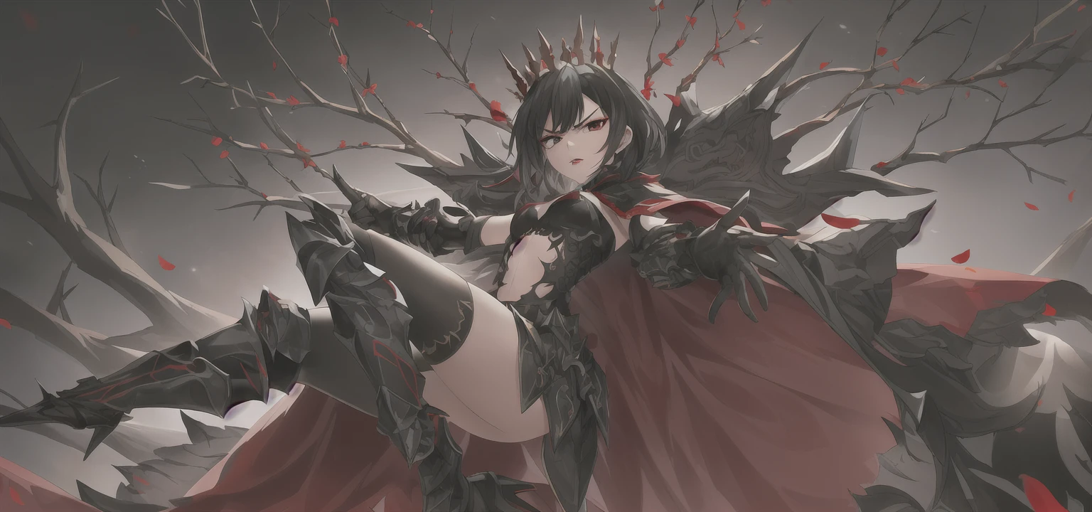 Masterpiece, high quality, super detailed, wallpaper, woman, full body, black armor with black and red details, viewed from below, looking at the viewer, fit body, heels with black thorns, black and red short thorn crown, very short black hair, blue eyes, red lips, black eye makeup, black cape with black embroidery, angry look, stunning, in various poses, open hands, armored, detailed face, black background, small , no nude