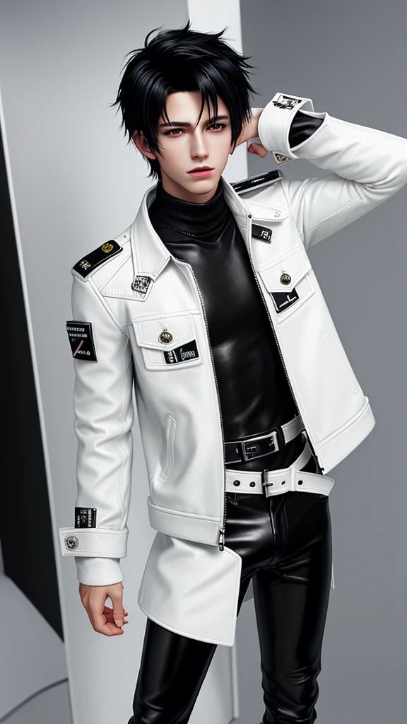 Final fantasy taste and reality graphics, Japanese young cute and cool ikemen boy, his age is early 20s, thin eyebrows and beady eyes, he wearing off white color leather thick material jacket, jacket is singlebrest, biker style jacket, with epaulet, jacket is long sleeve, must close the front of the leather jacket, , jacket is voluminous, ,must jacket is high length and stand-up collar with two belts, jacket is a little black color line pattern,close the front of the jacket, also wearing black thick material turtleneck lackluster shirts, tight black leather pants, shiny black leather tight and thin glove, black leather knee-high raceup boots,must views head-to-toe,must views whole body, boy looks like fashion model,Do not show skin from the neck down,leather jacket leather glove and leather pants have few wrinkles,boy in the prison room, Avoid showing your innerwear,zip up jacket fastner.