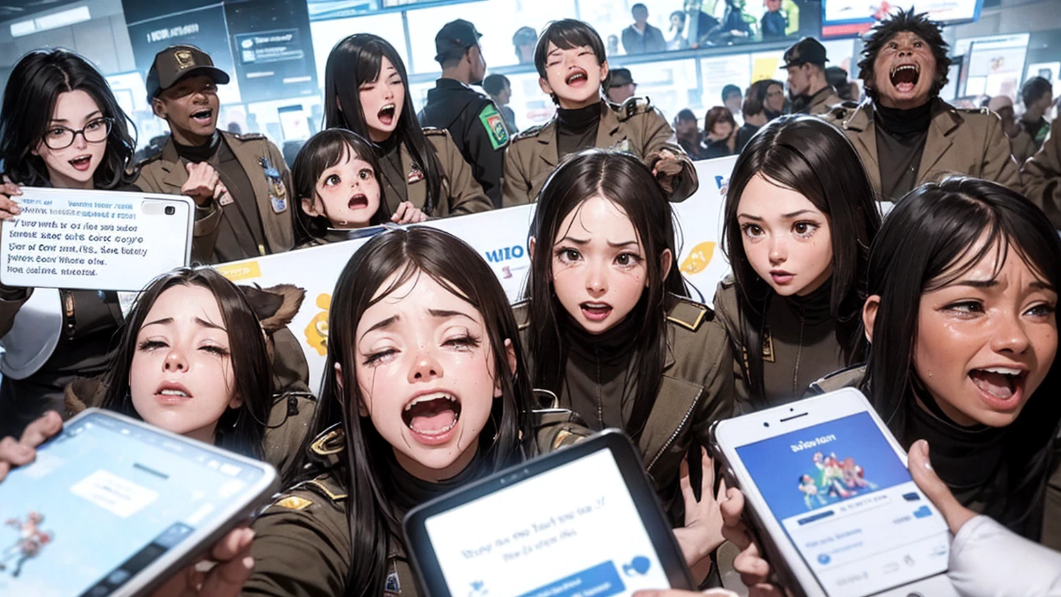 A vibrant scene of a troop of monkeys, aliens, and humans enjoying social media. A variety of emotions are expressed: some are crying, some are angry, some are making money, and some are laughing. The background is pure white.
