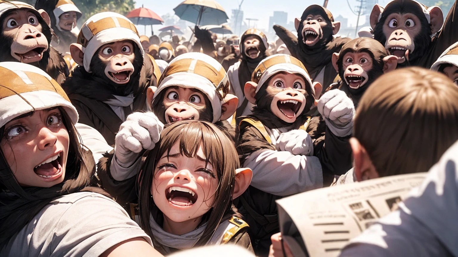 A vibrant scene of a troop of monkeys, aliens, and humans enjoying social media. A variety of emotions are expressed: some are crying, some are angry, some are making money, and some are laughing. The background is pure white.