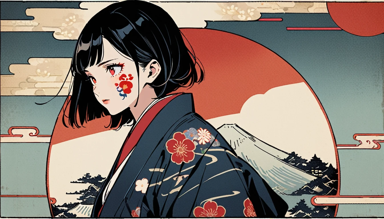 Red Eyes, 1 girl, Tattoo on face, Japanese style headphones, beautiful girl, Black Hair, Delicate and precise, Modern ukiyo-e style, Japanese flag