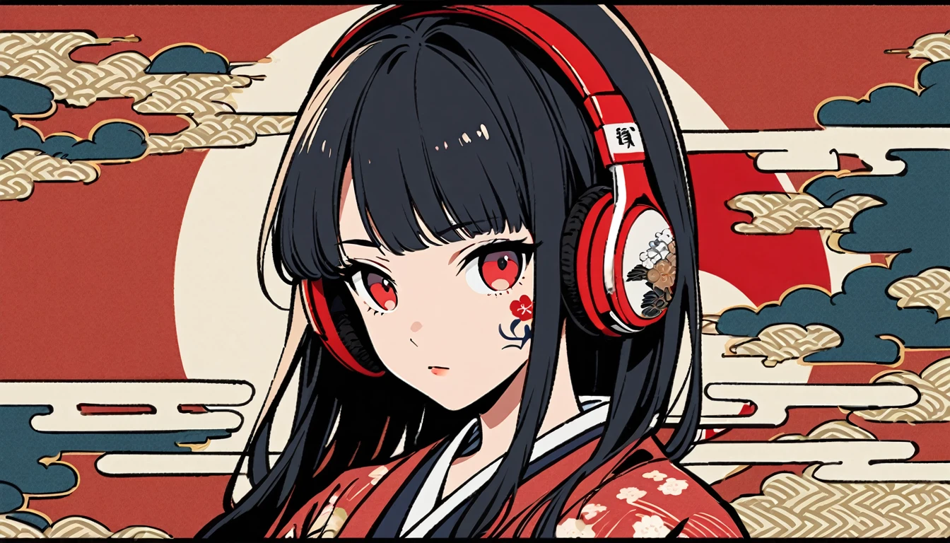 Red Eyes, 1 girl, Tattoo on face, Japanese style headphones, beautiful girl, Black Hair, Delicate and precise, Modern ukiyo-e style, Japanese flag