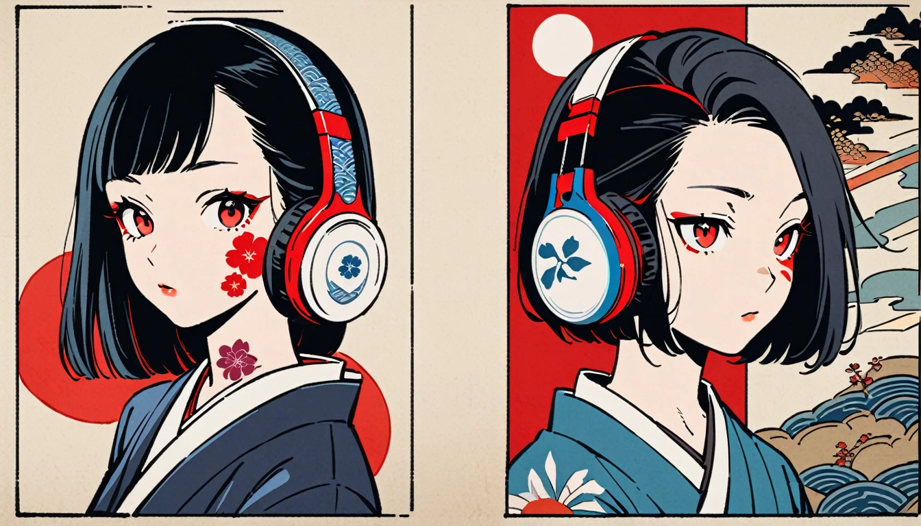 Fashion portrait color photos, (((Ink Painting))), (((1 girl))), (((Heart tattoo on face))), (((sunglasses))), Japanese style headphones, (((guitar bass))), Japanese Beauty, Black Hair, smile, Small devil