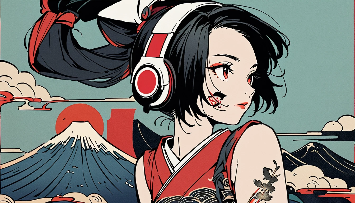 Red Eyes, 1 girl, Tattoo on face, Japanese style headphones, beautiful girl, Black Hair, Delicate and precise, Modern ukiyo-e style, Japanese flag