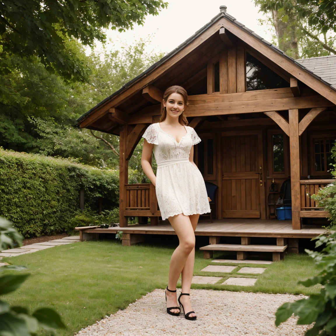 best quality)),((masterpiece)),((realistic)),(detailed), beautiful Irish woman, 26 years old, traditional looking, sexy, loving, (looking into the camera) , wearing a short house mini dress, house backyard, daylight, slightly smiling, standing, capture to thighs
