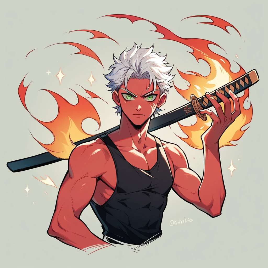 1 men, bonitas, spiky white hair, vibrant green eyes, slim , アニメ, 19yearsold, 19 years, a small black goatee , double katana( with flames on the blades ), Tank top , demon slayer