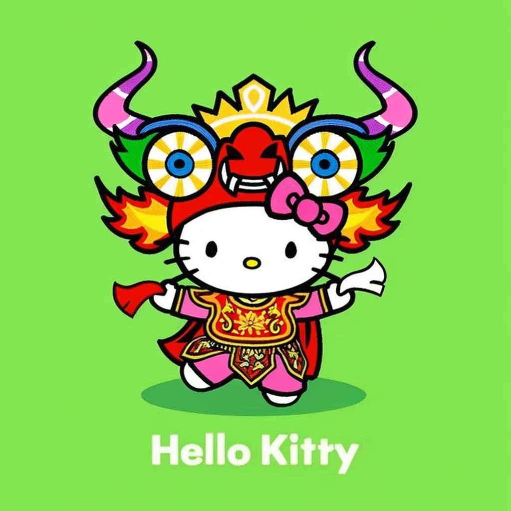 hello kitty: Keep it with its typical characteristics: white face, no mouth, with its characteristic bow in one ear.
Contradance Costume:
blouse: A white blouse with embroidered details in bright colors like red, green and blue. May have long puffed sleeves and lace cuffs.
Skirt: A wide and colorful skirt, decorated with embroidery and ribbons. Colors can be a combination of red, White and green.
accessories: A wide, colorful belt around the waist, and a typical contradanza hat, which is usually made of straw and decorated with ribbons.
pose: hello kitty podría estar en una pose de baile, with one hand raised holding the hat and the other on the waist, showing the joy and dynamism of dance.