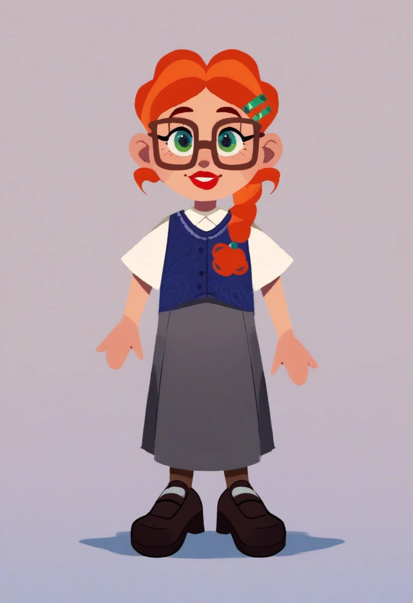 penelope, solo, 1girl, standing, full body, ginger braided hair with circular green clips at the ends, black clips on hair, brown glasses, emerald green eyes. white long-sleeved shirt underneath vest, blue rhombus-themed vest (colors: blue, red and goldenrod), dark grey skirt, white sneaker, pink upper lip, lipstick