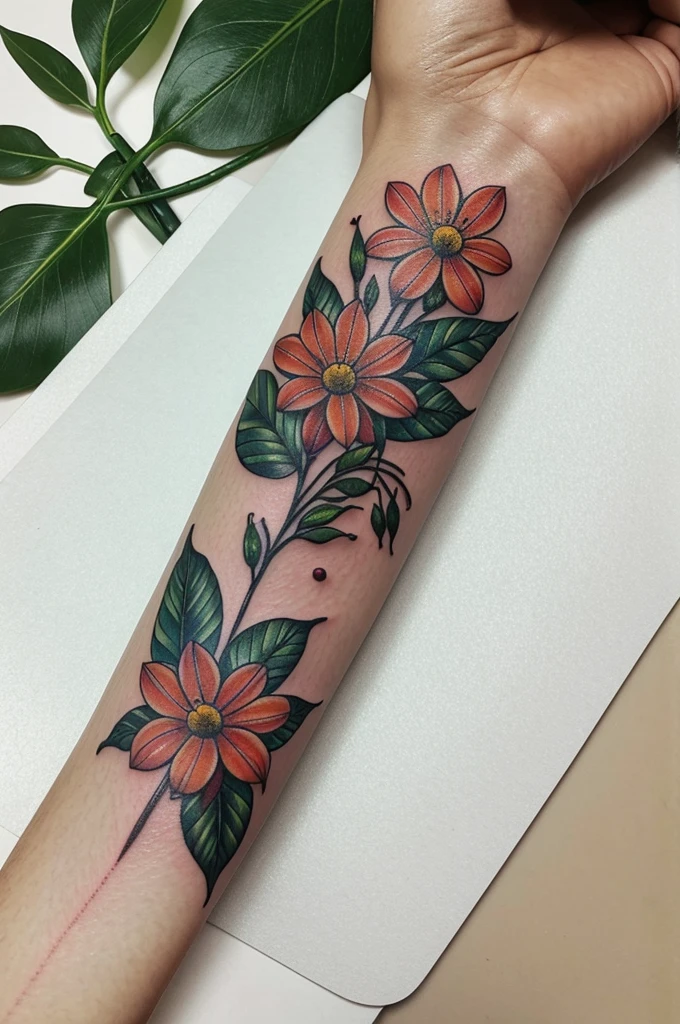 Flower design for tattoo with a xolibri and vegetation
