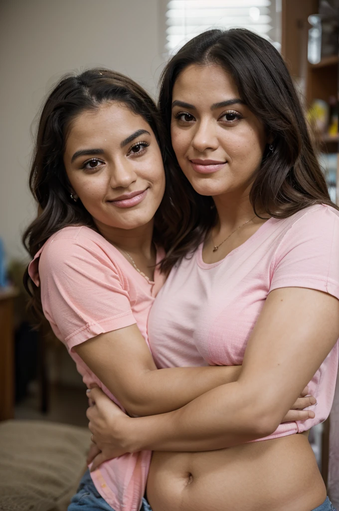 36DD young beautiful hispanic woman with no makeup, with colorful shirt, arms around her elderly dad, midday, shallow-focus, 35mm, photorealistic, Canon EOS 5D Mark IV DSLR, f/5.6 aperture, 1/125 second shutter speed, ISO 100 --ar 2:3 --q 2 --v 4