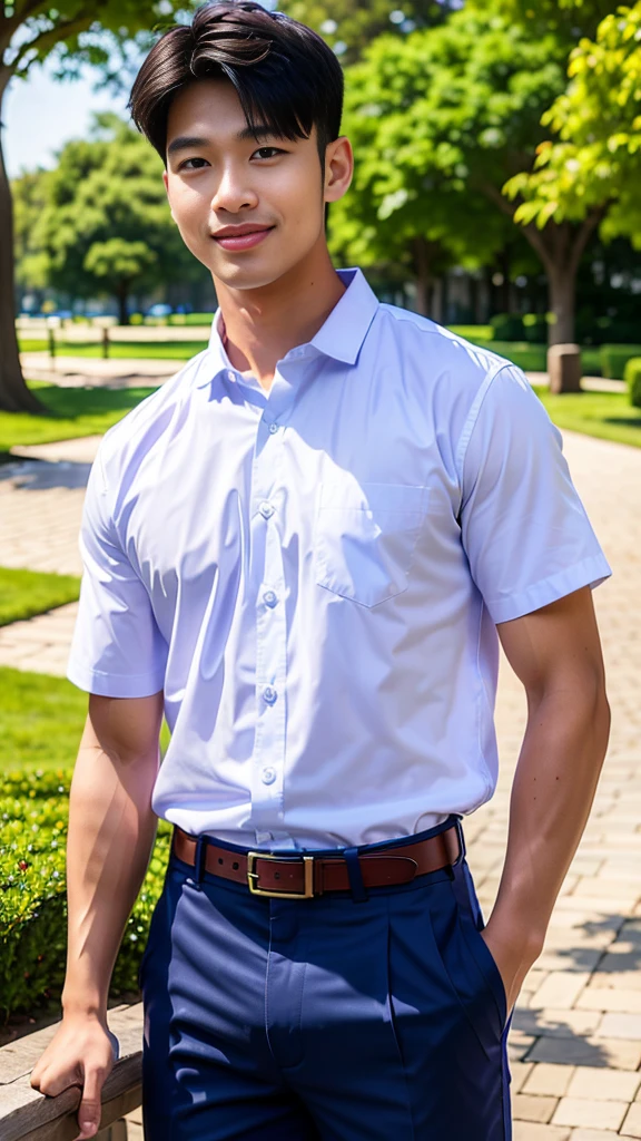 (Create a masterpiece: 1.2),(CGI art:1.3),(realistic:1.5),(After processing:1.3),(Sharp focus:1.3),10,1 man, smile, (Wear a white school shirt.), (Dark blue shorts:1.2),brown belt, Korean guy , korean men, (High gloss details), chest muscles, large arm muscles, blood vessel, Big muscles, Broad shoulders, looking at the audience, Balancing the eyes, forest, mountain, (Make eye contact)