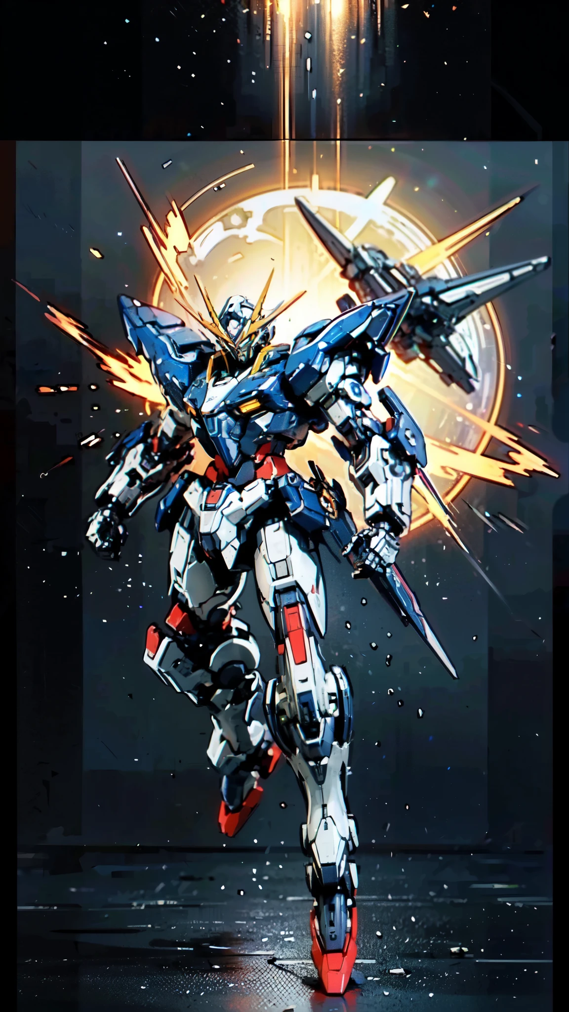 (masterpiece:1.5, best quality:1.5, extremely delicate:1.5), humanoid Mecha, fully enclosed shoulder guards, matching arm and leg guards, full body, full armor, the design balances heavy with agility, (the color scheme is primarily white with red and blue accents, the concept Inspired by Super robot, organic biotech armor, standing, floating high above the futuristic sci-fi city), exquisite and mature art style, (aura effect, energy, glowing eyes, the armor glows), metallic, dramatic, high definition, highres, ultra-detailed, ultra-fine painting, professional, perfect body proportions, anatomically correct, symmetrical face, extremely detailed eyes and face, high quality eyes, creativity, RAW photo, UHD, 32k, Natural light, cinematic lighting, masterpiece-anatomy-perfect