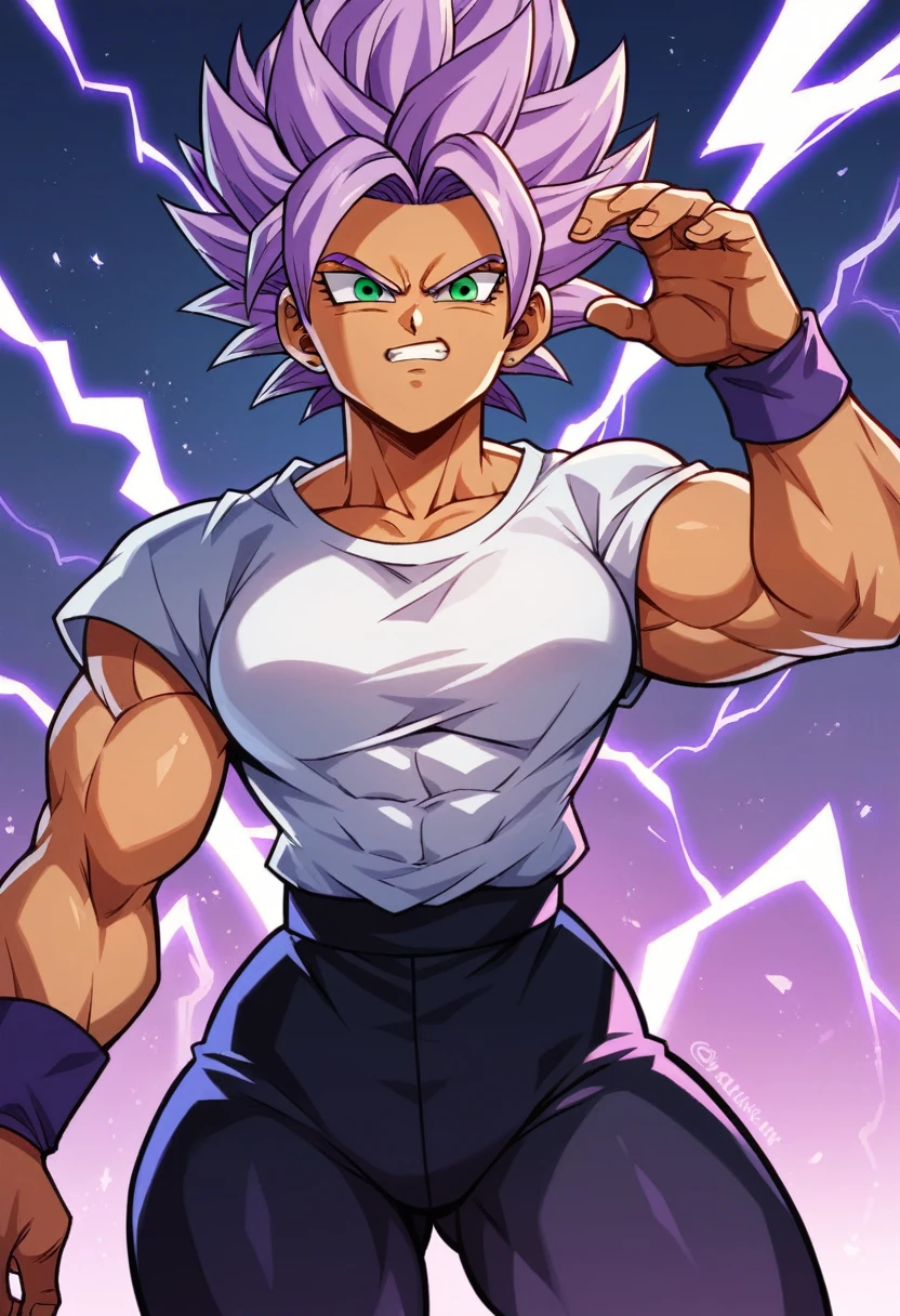 girl, alone, Saiyan, spiky purple hair, green eyes, defined muscles, thin waist, wide hips, dark skin, medium breasts, white t-shirt, black pants, super saiyan, lightning around, purple lightning, purple lightning around, energy around, ki energy, purple energy, god of destruction (super dragon ball style)