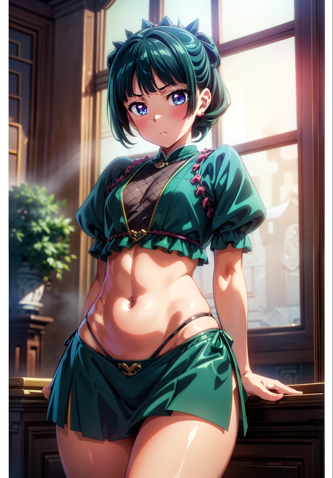 (Masterpiece, High Quality, Top quality, High-Detailed, Detailed CG, Cinematic Shadow, Cinematic Scene, Beautiful Detailed Eyes, Ultra Resolution, Depth of Field, 8k, High resolution, masterpiece: 1.2), Anime art style, Very detailed, Dynamic Angle, Style, Detailed Green Hair, Detailed Blue Eyes, Slim Body, Sparkling eyes, Hair Accessory, Earrings, Slightly Blunt Bangs, Looking at the Audience, (Blush Expression:1.2), (Small Expression:1.2), (Dark Green Hair), Purple Eye, Five Fingers, Good Composition, Arms, Thighs, Small Breasts, Hips, Night Times, Midnight, Blur Background, Chinese Architectures