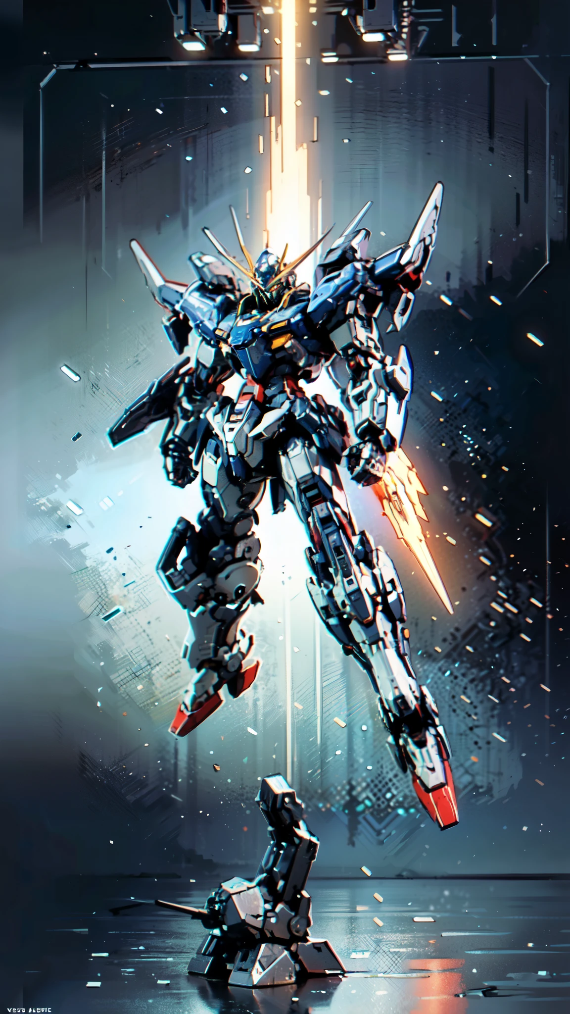 (masterpiece:1.5, best quality:1.5, extremely delicate:1.5), humanoid Mecha, fully enclosed shoulder guards, matching arm and leg guards, full body, full armor, the design balances heavy with agility, (the color scheme is primarily white with red and blue accents, the concept Inspired by Super robot, organic biotech armor, standing, floating high above the futuristic sci-fi city), exquisite and mature art style, (aura effect, energy, glowing eyes, the armor glows), metallic, dramatic, high definition, highres, ultra-detailed, ultra-fine painting, professional, perfect body proportions, anatomically correct, symmetrical face, extremely detailed eyes and face, high quality eyes, creativity, RAW photo, UHD, 32k, Natural light, cinematic lighting, masterpiece-anatomy-perfect