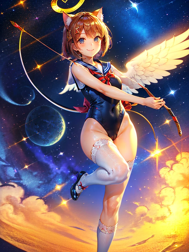 Highest quality,Highest Resolution,Masterpiece,(((A beautiful girl in a sailor leotard with a smile on her face))),High leg,Frills,White knee-high stockings,,Red tie,(((Cat ear))),(((Halation))),Brown hair short bob,(((archery))),White angel wings on the back,universe,Milky Way,Meteor,dark,Bow of Light,whole body,Bow of Light,A distant view,Side view,(((Draw the bow))),Halo,弓を引いている,