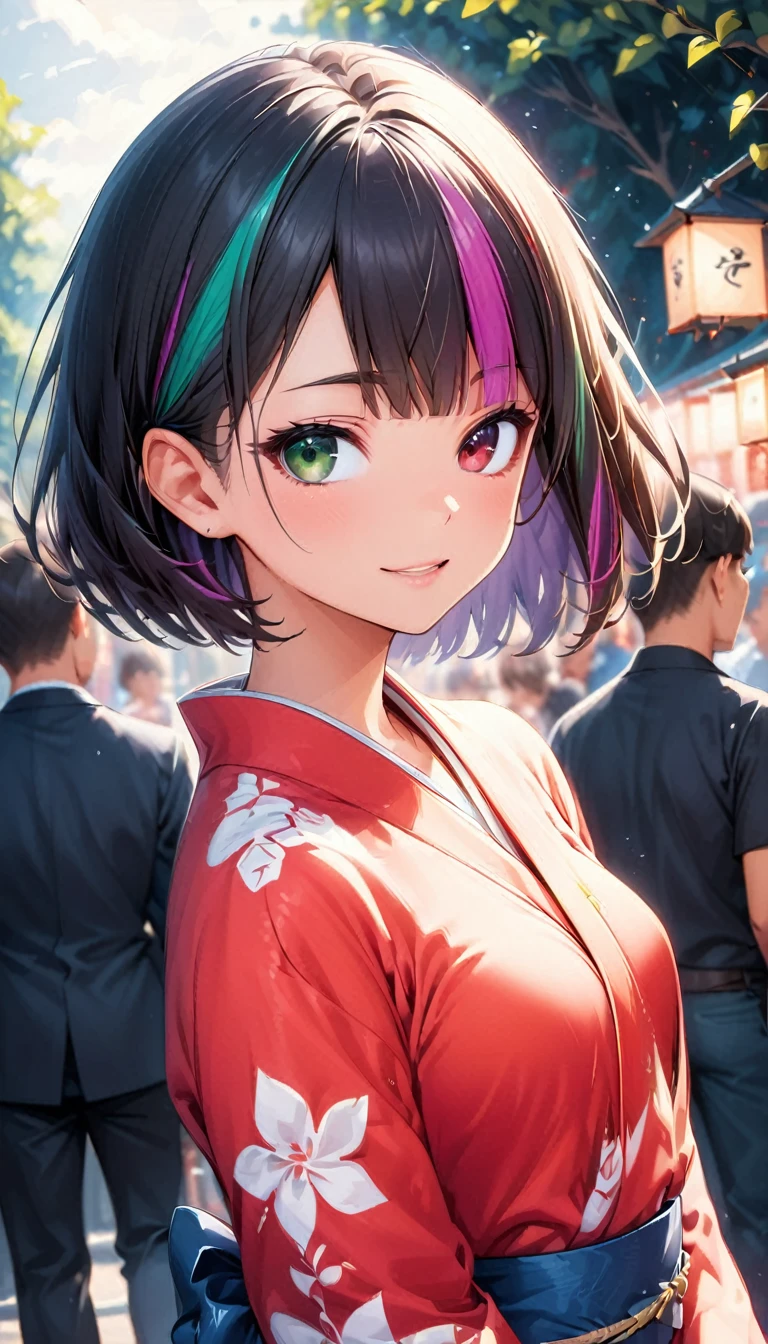 (highest quality:1.2, Very detailed, up to date, Vibrant, Ultra-high resolution, High Contrast, masterpiece:1.2, highest quality, Best aesthetics), Portraiture、girl、solo, (25-years-old:1), slim, , heterrochromia, green eye, red eye, (traditional yukata), summer festival, bon dance, Bright colors、Beautiful fine details、Beautiful lip detail、extra short hair, ((bob cut:1.5))、pink and purple, ((streaked hair:1.9)), (highlights hair: 1.6), (small breast:1.3), (tan skin:0.7), cowboy shot:1