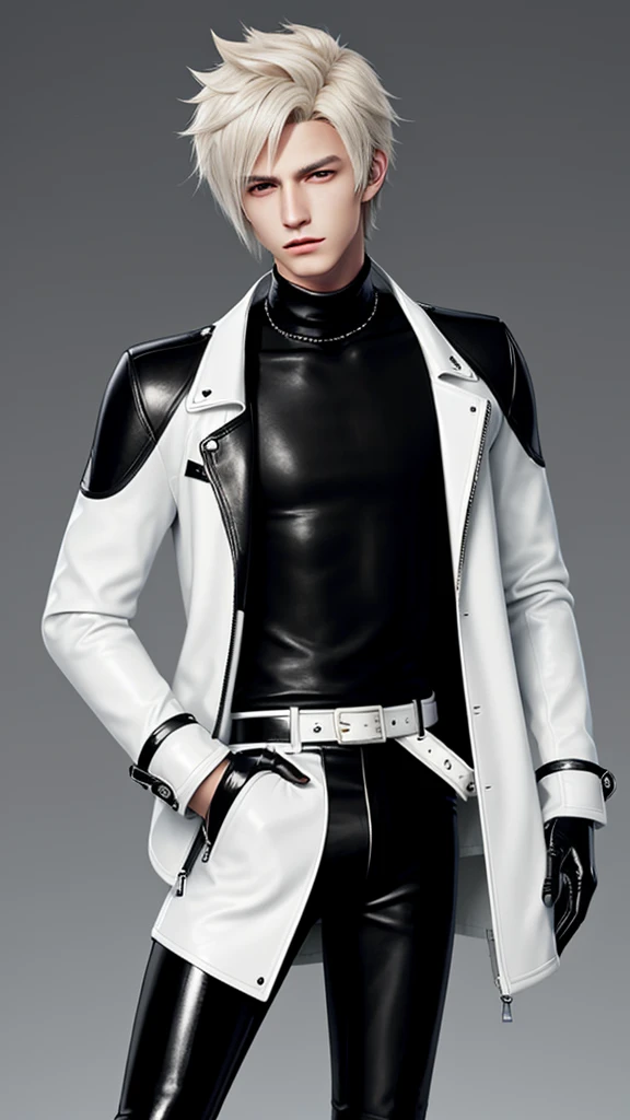 Final fantasy taste and reality graphics, Japanese young cute and cool ikemen boy, his age is early 20s, thin eyebrows and beady eyes, he wearing off white color leather thick material jacket, jacket is singlebrest, biker style jacket, with epaulet, jacket is long sleeve, must close the front of the leather jacket, , jacket is voluminous, ,must jacket is high length and stand-up collar with two belts, jacket is a little black color line pattern,close the front of the jacket, also wearing black thick material turtleneck lackluster shirts, tight black leather pants, shiny black leather tight and thin glove, black leather knee-high raceup boots,must views head-to-toe,must views whole body, boy looks like fashion model,Do not show skin from the neck down,leather jacket leather glove and leather pants have few wrinkles,boy in the prison room, Avoid showing your innerwear,zip up jacket fastner.