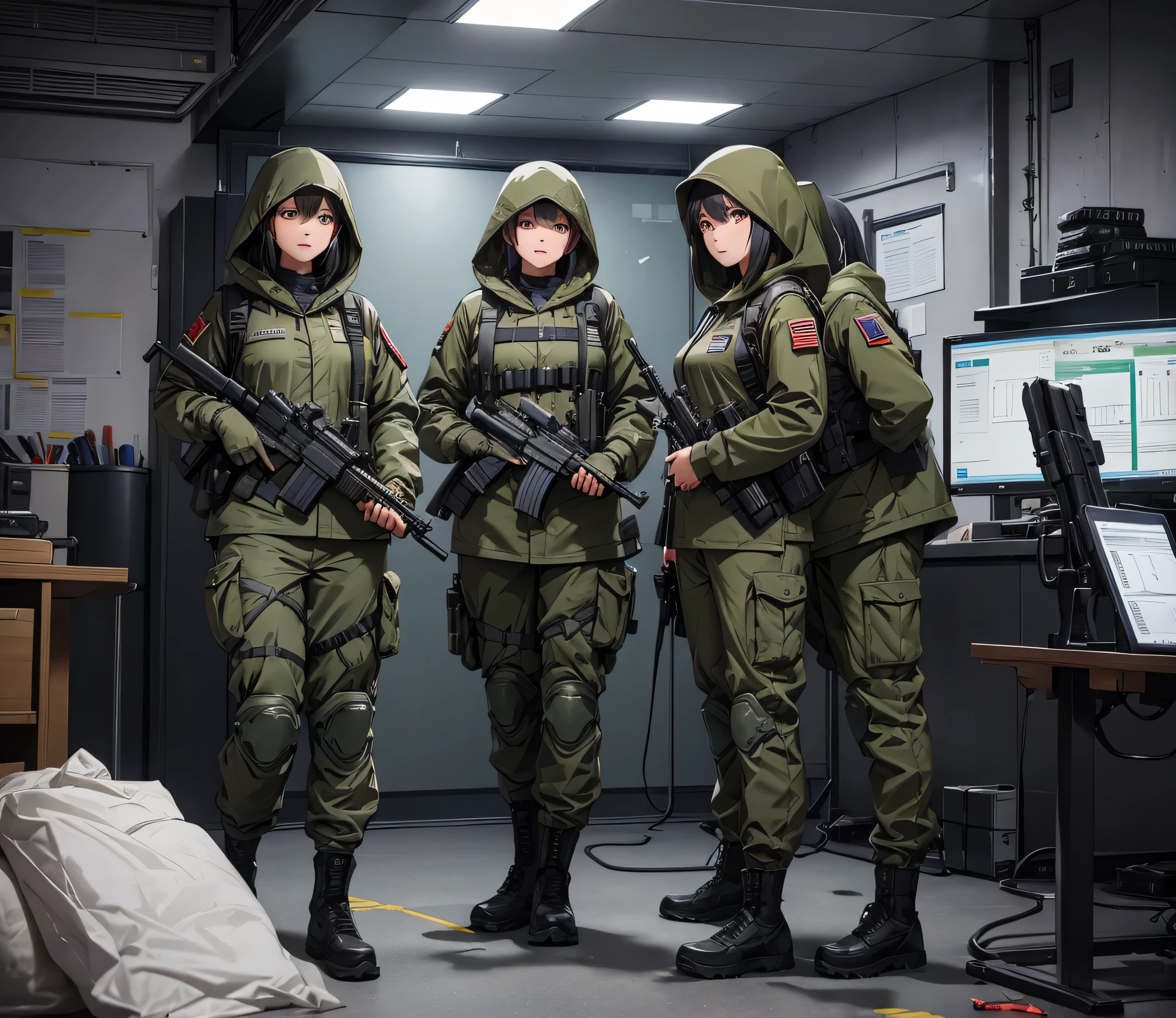 A group of female soldiers with guns in the command room,All wear M-51 hooded military uniforms、Hooded on head、Magazine Pouch、Military Pants、Knee pads,Write details、masterpiece、best quality、Highly detailed CG、8K picture quality