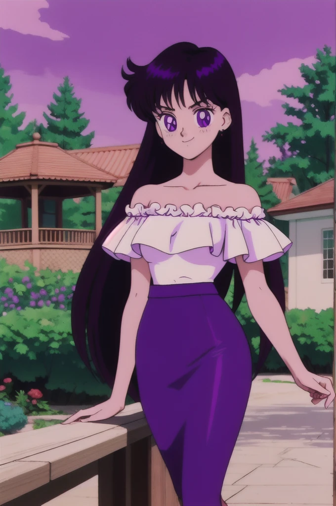 (retro anime girl:1.2), (masterpiece:1.2), (best quality), (ultra detailed), (8k,4k), (half body:1.2), (cowboy:1.2), (close up:1.2), (highly detailed:1.2), (White Ruffle Off-the-shoulder top:1.4), (purple skin tight pencil skirt:1.4), Rei Hino, 1 girl, solo, Best quality, masterpiece, High Definition, Teenager, Purple Eyes, Beautiful Detail Eyes, Black Hair, Long Hair, Good hands at sides, Seductive Smile, Blushing, Bare Neck, Bare Arms, Bare Shoulders, short sleeve, Strapless, White Ruffle Off-the-Shoulder Top, purple skin tight pencil skirt, standing in her garden, looking at viewers, garden, swimming pool, sunset skies, rose bushes, outdoor gazebo
