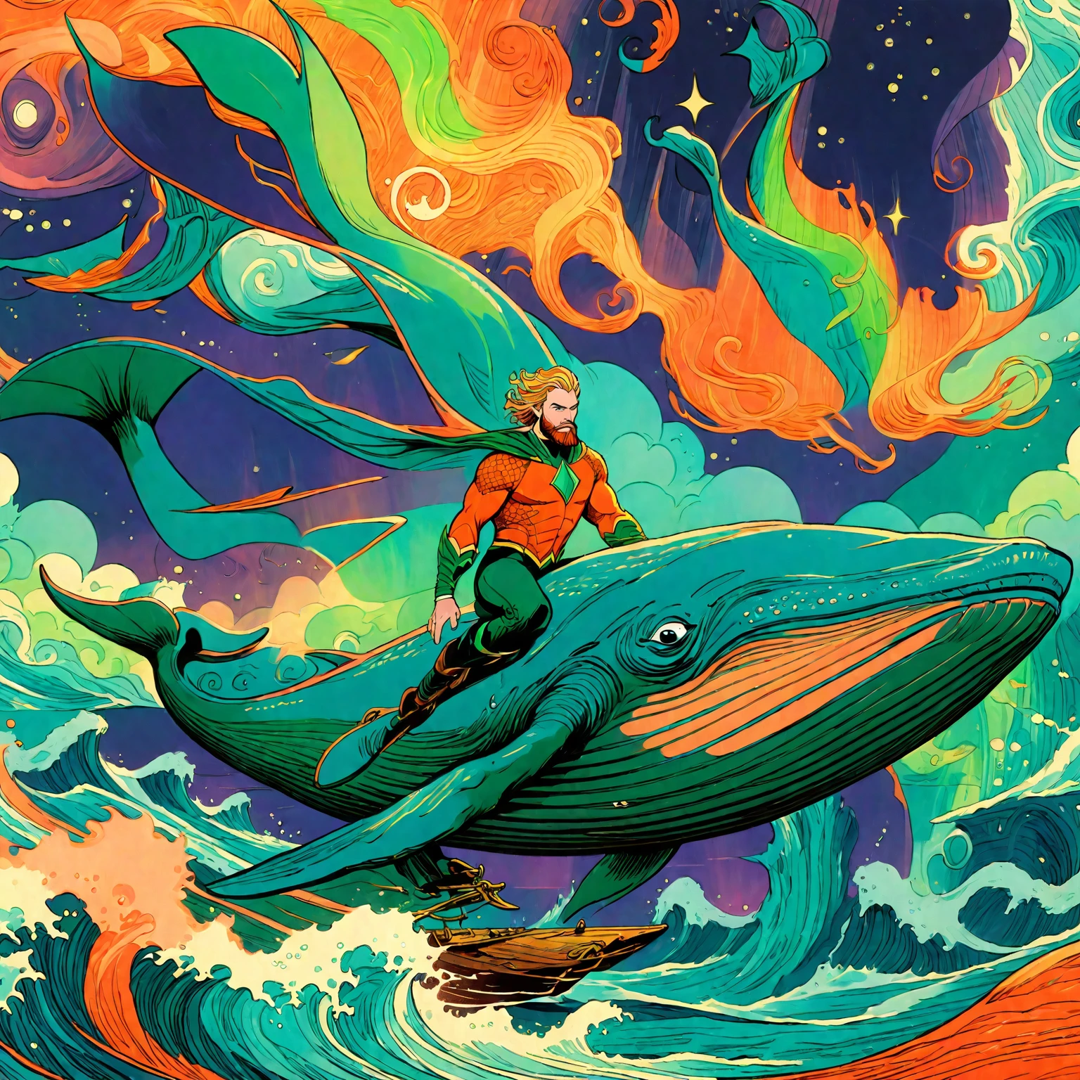 **wordless** aquaman riding a flying whale, (vintage orange and green suit), animated, splash page, expressive bold line illustration, fantasia style flying whales, northern lights, aurora borealis, ethereal, surreal, abstract, ornate, cartoon, hand drawn, cinematic, vivid strange aurora borealis coloring