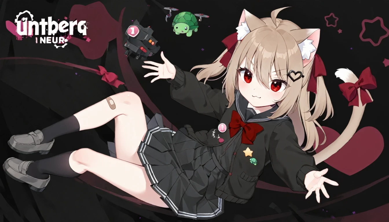 cat ears, cat tail, tail bow, :3,1girl, evil neuro-sama, red eyes, light brown hair, ahoge, two side up, hair ribbon, dark red ribbon, heart hair ornament, black cardigan, open cardigan, black sailor collar, long sleeves, red bow, heart, button badge, star \(symbol\), drone, the number "1" on a badge, turtle, black skirt, pleated skirt, asymmetrical legwear, black thighhighs, black kneehighs, bandaid on knee, grey footwear, loafers,