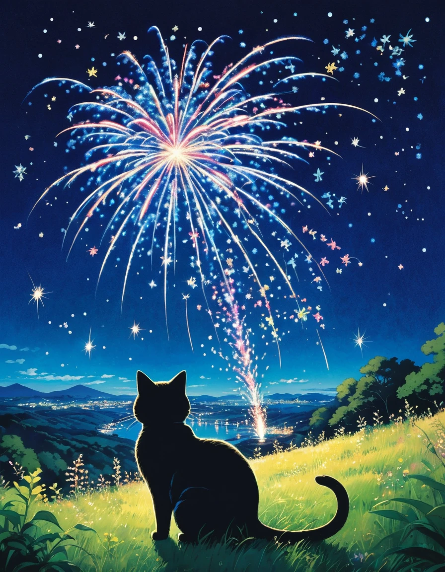 Ghibli Cat-shaped firework The night sky is a deep blue、Countless twinkling stars are scattered around. 色とりどりのfireworkが打ち上がる, The glowing lines create a spectacular picture in the countryside.