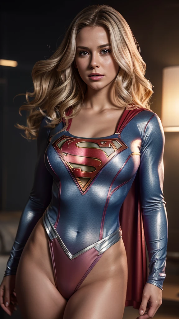 Hyper-realistic image of Supergirl in a scene where she is fading into small particles, her breasts are extra ultra large and cleavage in her translucent and transparent blouse and blouse, her hair is gold and silver and pink and curly cinematic lighting effects maximum quality image. The girl is in a sports swimsuit