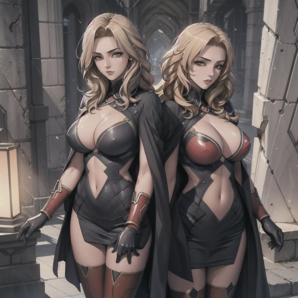 1girl,Alicia Viewsrtream, blonde hair, wavy hair, long hair, red eyes,red lips,red impossible clothes,red elbow gloves,red thigh boots,cape,incredibly absurdres,thighs,realistic,reality,hetero, best quality:1.4, intricate details, sharp focus, highres, elaborate atmosphere:0.90, 8K, 4K, UHD, 32k UHD resolution, Ultra Detailed 8K CG, ultra high res, High quality texture, High quality shadows, vivid colors, detailed eyes, depth of field, soft lighting, masterpiece, best quality, intricate, (lens reflection: 0.7), (flowering: 0.7), particle effects, ray tracing, tone mapping, highly detailed, concept art, smooth, sharp focus, dramatic lighting, highly detailed art, trending on Artstation, 8K, amazing shadows, realistic, (highly detailed background: 1.2), oda non style,