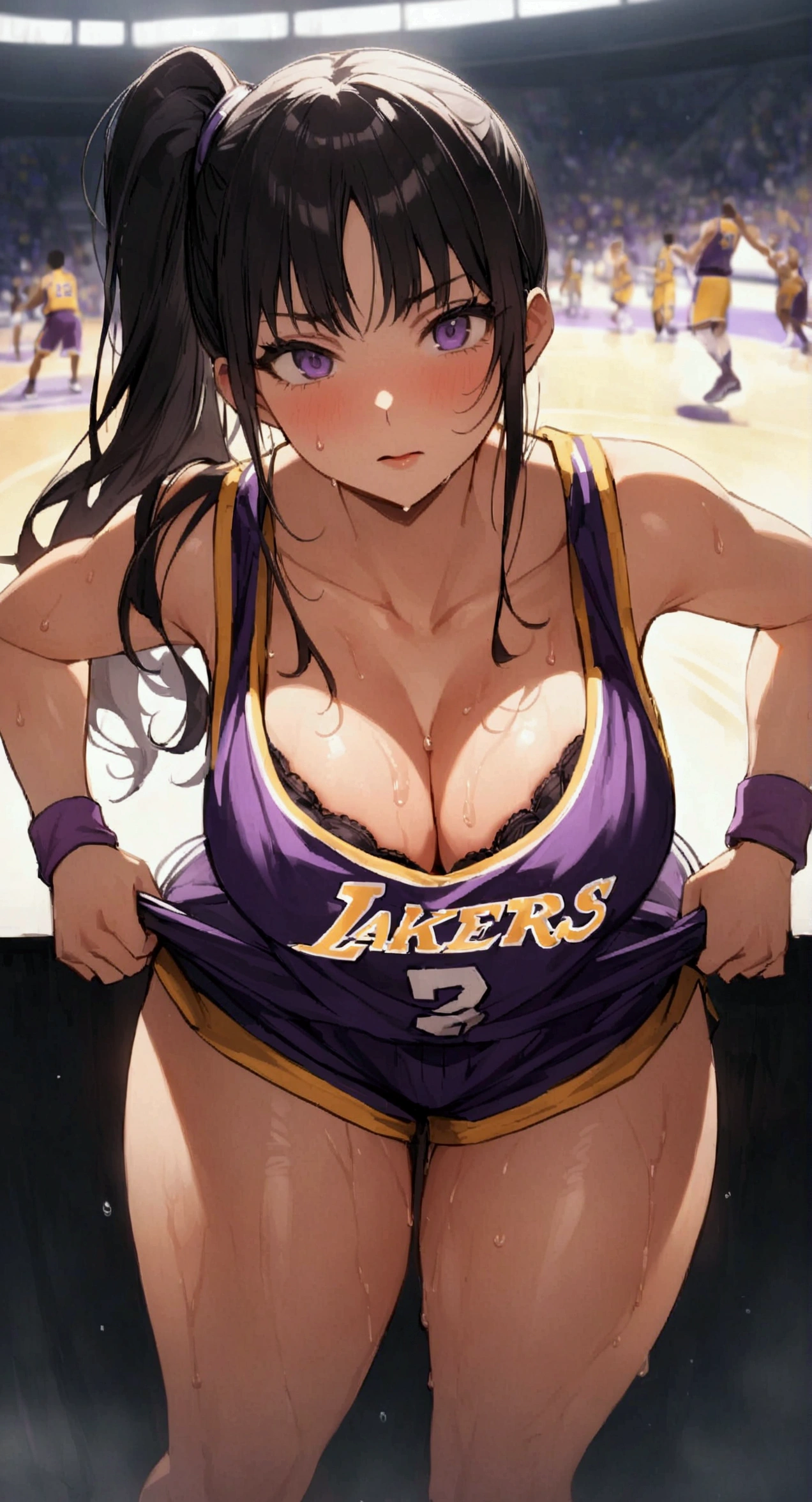 One woman、beautiful girl、high school girl、basketball、Basketball uniform、Lakers uniform、Wristband、Side Ponytail、Long Hair、Basketball Stadium、Take a jump shot、The stands are packed、Highest quality,  Thick thighs、Big Ass、Black Hair、Sweaty body、Number 14、Take the shot、Her uniform flips up and her bra is visible、Black bra、The opposing team is on defense、Leaning forward、dribble、Blocked、A male athlete pulls down his pants from behind