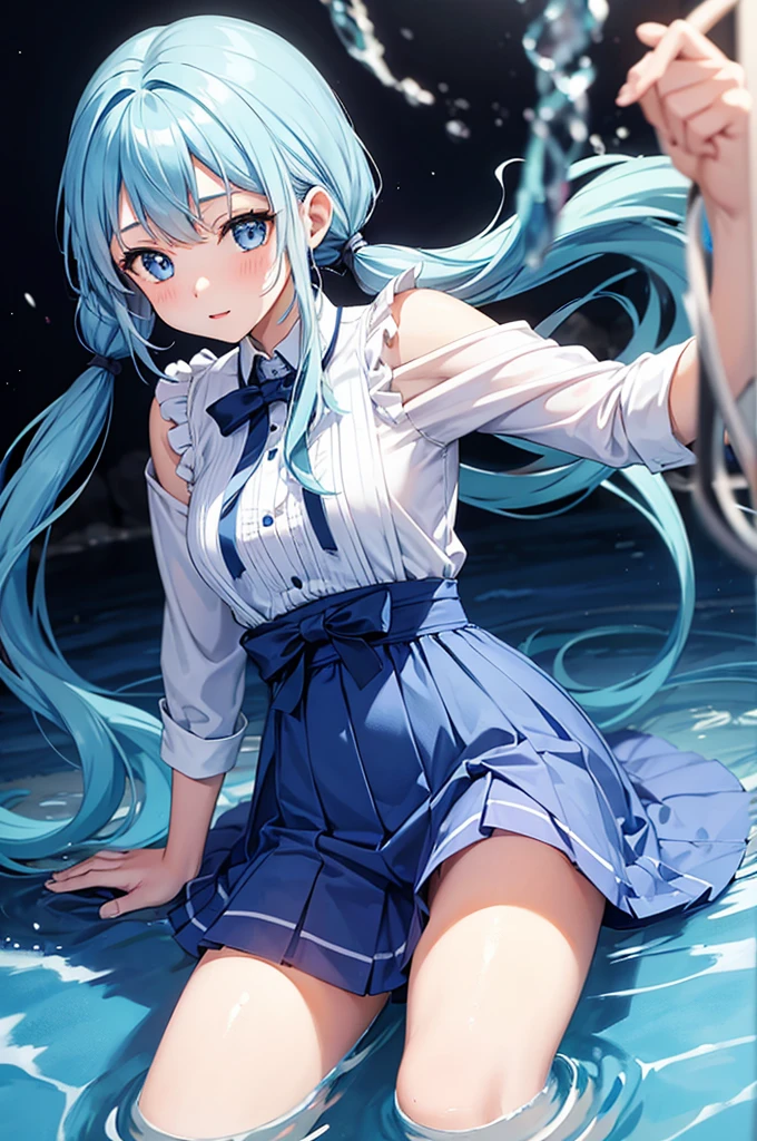A girl with long light blue hair and twin tails comes out of a deep well.