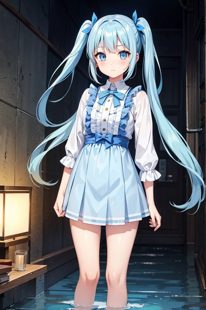A girl with long light blue hair and twin tails comes out of a deep well.