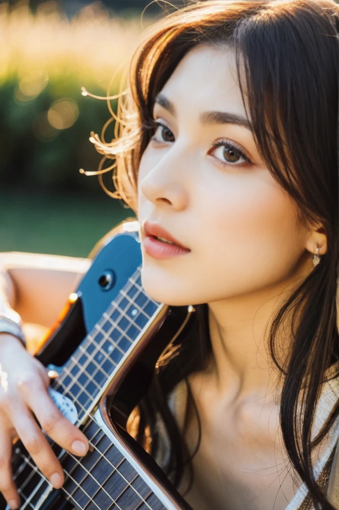 a 20 year old woman holding a guitar, vintage, beautiful detailed eyes, beautiful detailed lips, extremely detailed face, long eyelashes, natural lighting, warm color palette, cinematic, high quality, photorealistic, 8k, detailed background, realistic, humanlike, lifelike