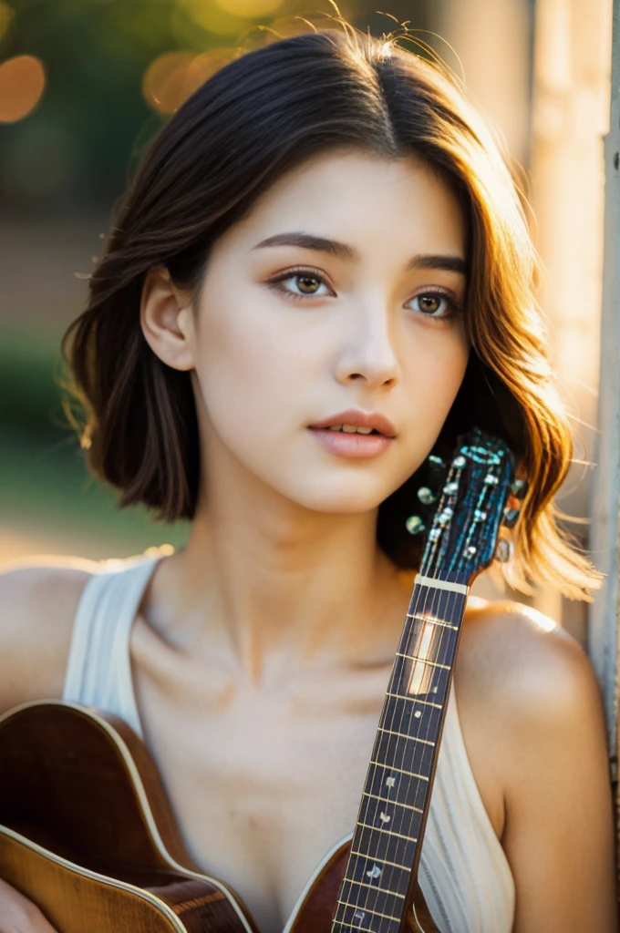 a 20 year old woman holding a guitar, vintage, beautiful detailed eyes, beautiful detailed lips, extremely detailed face, long eyelashes, natural lighting, warm color palette, cinematic, high quality, photorealistic, 8k, detailed background, realistic, humanlike, lifelike