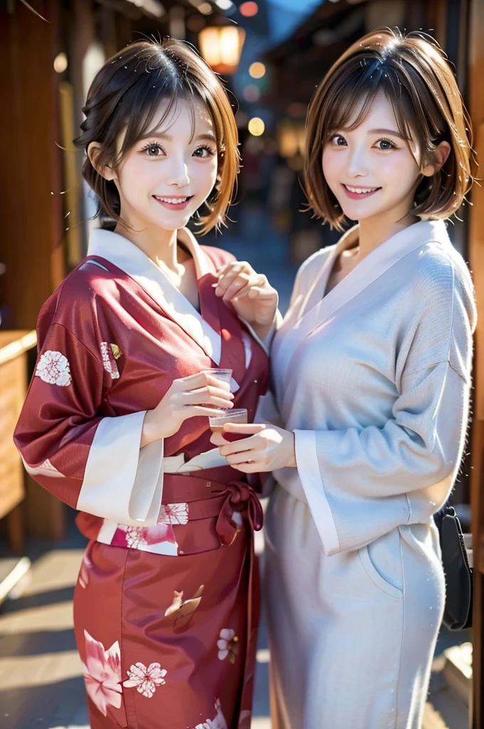 (masterpiece、high resolution、high quality)、Japanese beautiful girl:1.3,Two Girls、-yeld elure body、Beautiful body、Japanese Yukata、Soaring、night、Laughter、Clear Eyes、、Beautiful Skin、Yukata beauty、Hydrangea pattern yukata、Her breasts are exposed from her yukata、Very beautiful breastedium breast、Beautiful cherry-colored areola、Beautiful erect nipples、Small butt、Shaved、Cool Summer、nightの夏祭り、Fireworks display、Professional Photography、short hair