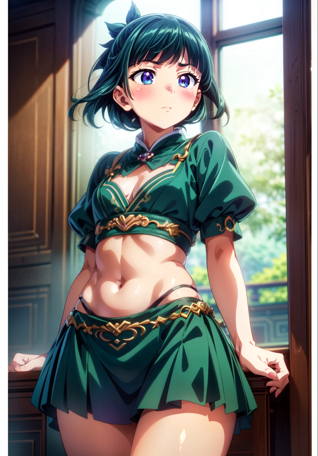 (Masterpiece, High Quality, Top quality, High-Detailed, Detailed CG, Cinematic Shadow, Cinematic Scene, Beautiful Detailed Eyes, Ultra Resolution, Depth of Field, 8k, High resolution, masterpiece: 1.2), Anime art style, Very detailed, Dynamic Angle, Style, Detailed Green Hair, Detailed Blue Eyes, Slim Body, Sparkling eyes, Hair Accessory, Earrings, Slightly Blunt Bangs, Looking at the Audience, (Blush Expression:1.2), (Small Expression:1.2), (Dark Green Hair), Purple Eye, Five Fingers, Good Composition, Arms, Thighs, Small Breasts, Hips, Night Times, Midnight, Blur Background, Chinese Architectures