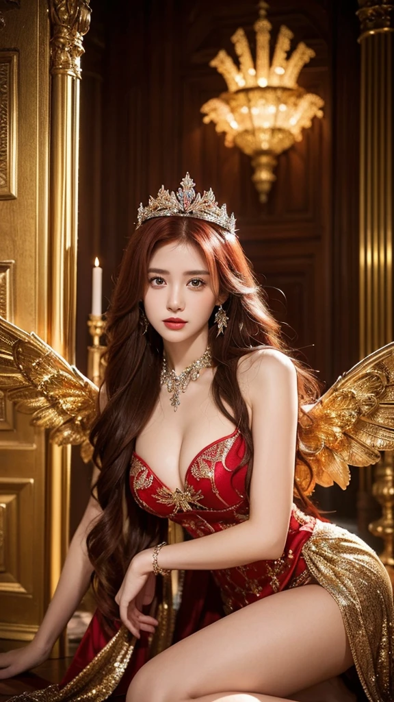 A hyperdetailed 21-year-old girl of an angel with a modern twist. The angel has long, flowing red hair medium breast and large, intricately colorful carved wings, wearing a luxury crown, dress,include red jewels in centerpiece. She is crouched down in a fractal metallic chrome ornament room,with a serene yet slightly melancholic expression. The background features metallic golden fractal Gothic architectural elements, Surrealism, photography