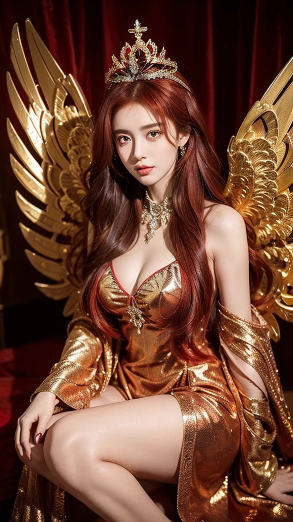 A hyperdetailed 21-year-old girl of an angel with a modern twist. The angel has long, flowing red hair medium breast and large, intricately colorful carved wings, wearing a luxury crown, dress,include red jewels in centerpiece. She is crouched down in a fractal metallic chrome ornament room,with a serene yet slightly melancholic expression. The background features metallic golden fractal Gothic architectural elements, Surrealism, photography 